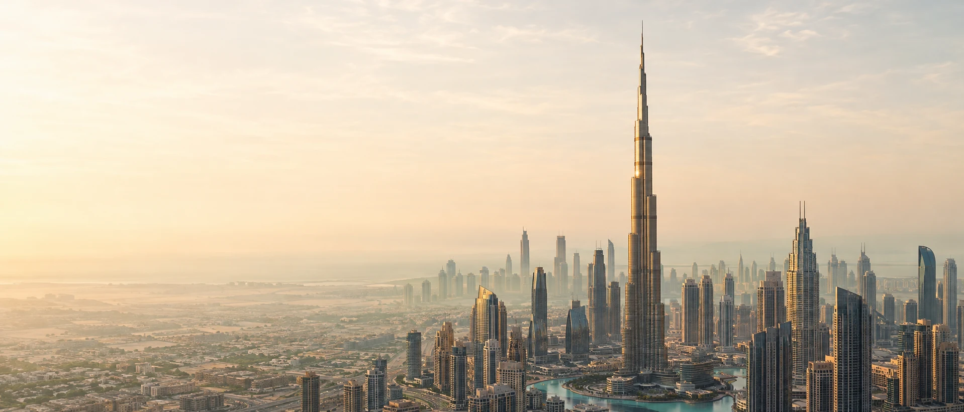 The Downtown Dubai skyline at first light, with the Burj Khalifa rising above the city