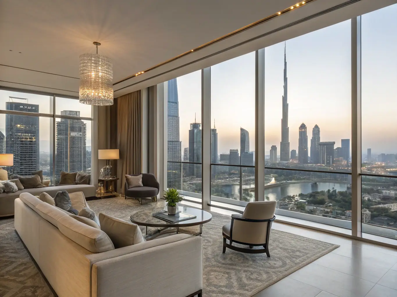 A stunning panoramic view of a Dubai skyline penthouse with floor-to-ceiling windows and luxurious interior design, representing Gursaya Real Estate's luxury property sales service.